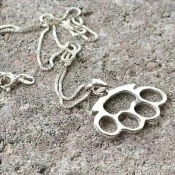 Brass Knuckles, Silver Knuckles Pendant, Mens Jewelry, Unisex Necklace, Mens - Picture 1 of 4